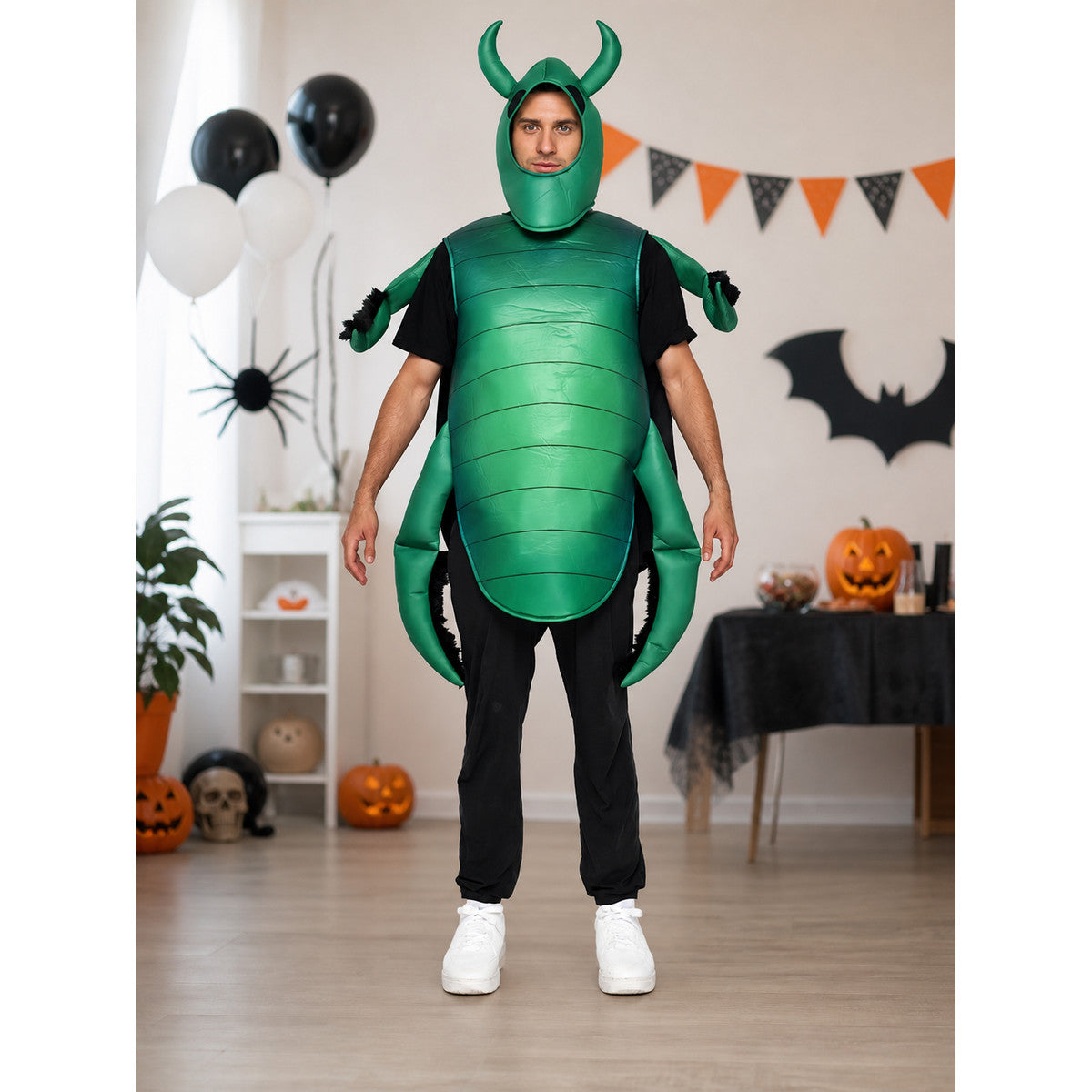 The beetle costume features a full-body insect silhouette with a large segmented green panel on the abdomen. The look is completed by a curved headpiece resembling horns, along with green side and hand elements that imitate insect limbs. Th