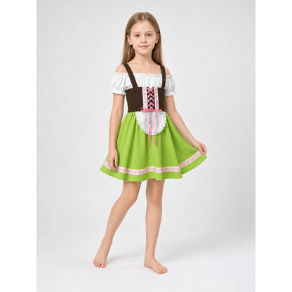 This costume dress is designed for role-playing, costume parties, and themed performances. The design features a playful folkloric style, combining a full deep-green skirt with a dark-brown bodice. The bodice has pink crisscross lacing, whi