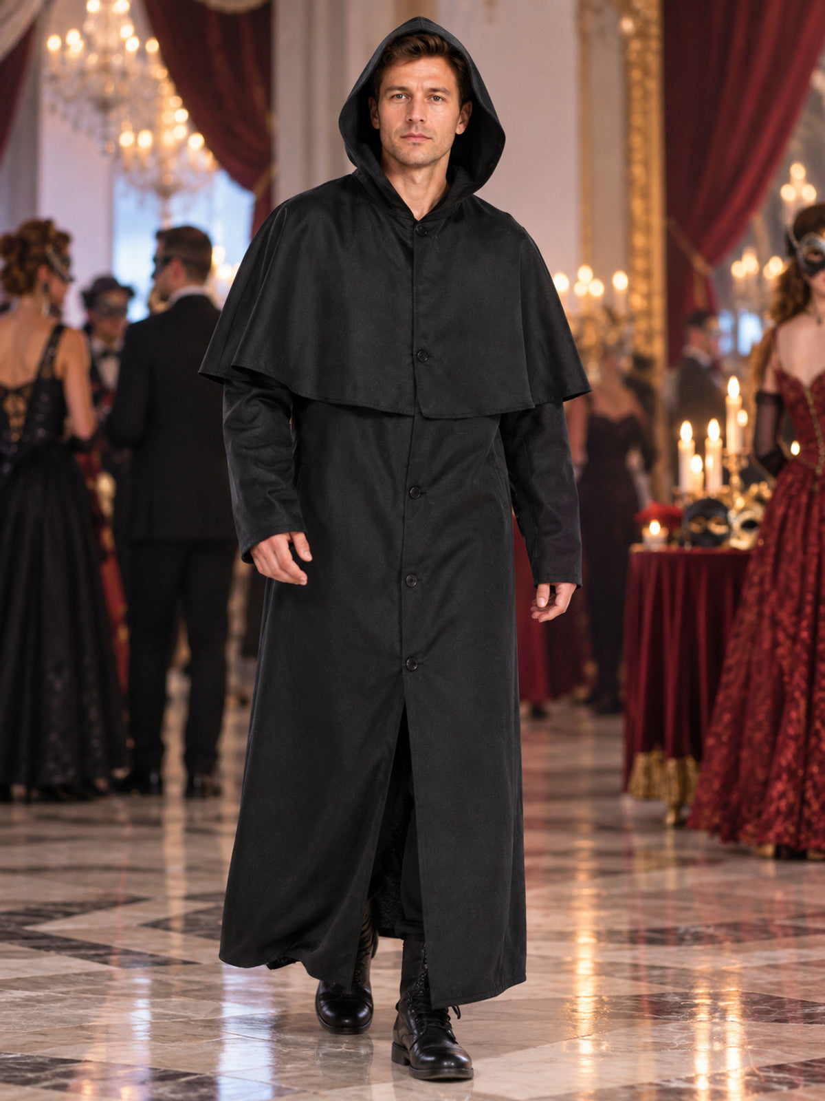 Carnival costume: black hooded cloak with capelet