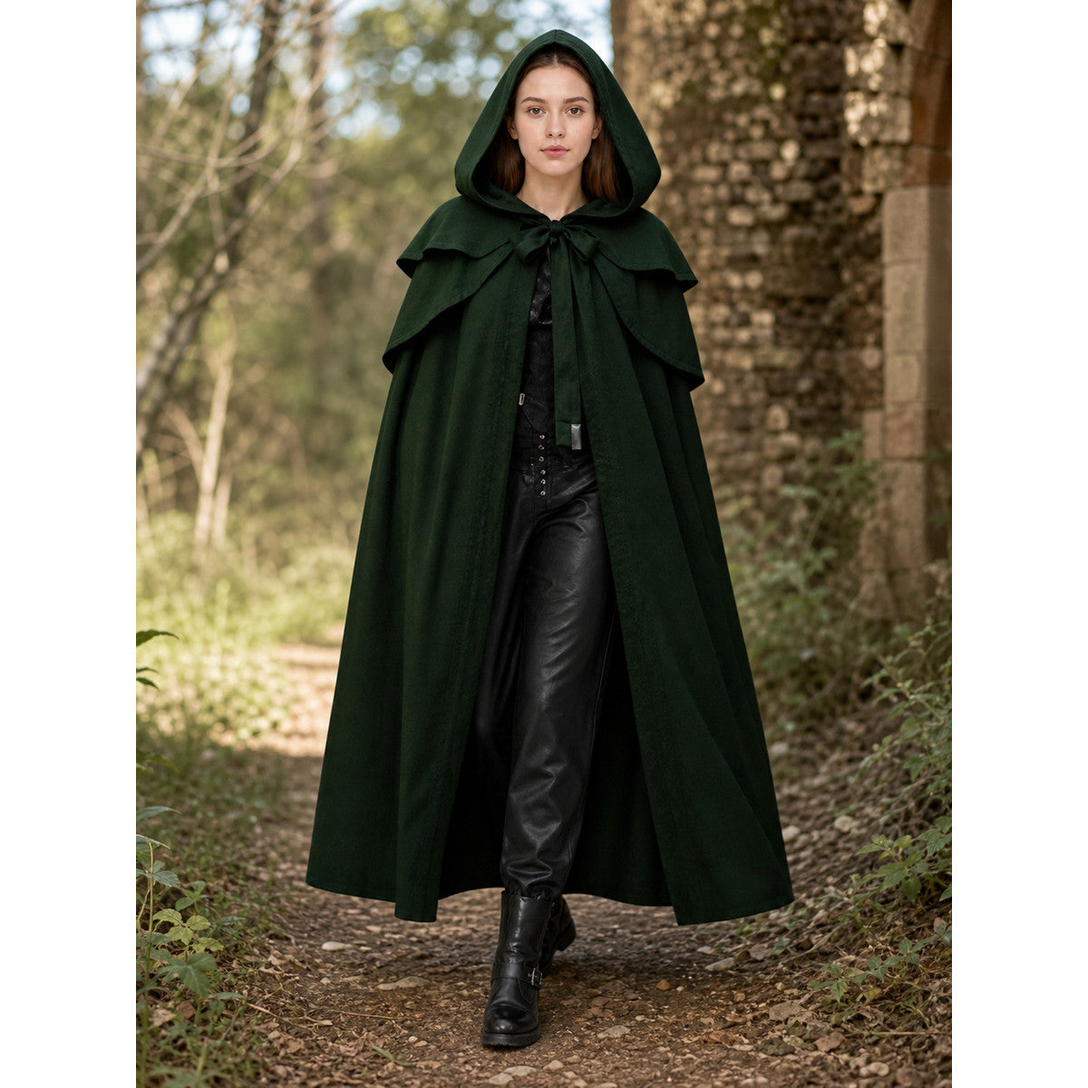 Long Green Gothic Hooded Cloak for Cosplay lifestyle view
