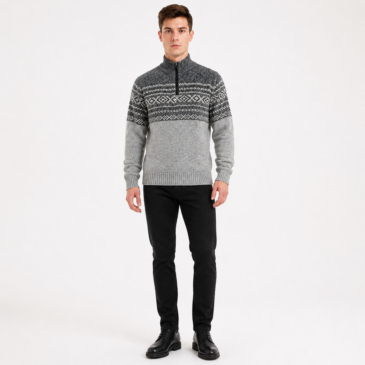 Geometric Jacquard High Collar Knit Sweater with Short Zipper, Gray-Black Color product detail