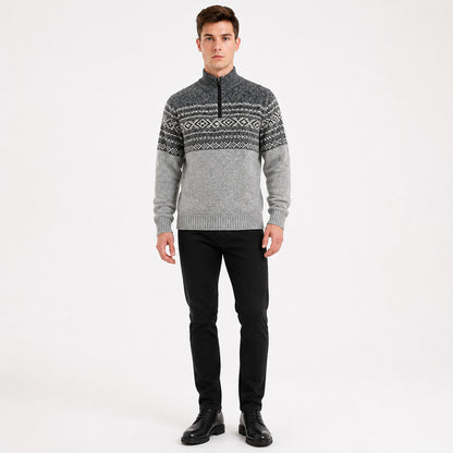 Geometric Jacquard High Collar Knit Sweater with Short Zipper, Gray-Black Color product detail