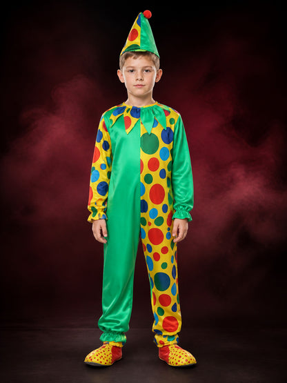 Kids' Clown Bodysuit Costume Set with Pointed Hat, Multicolor Polka Dot Design