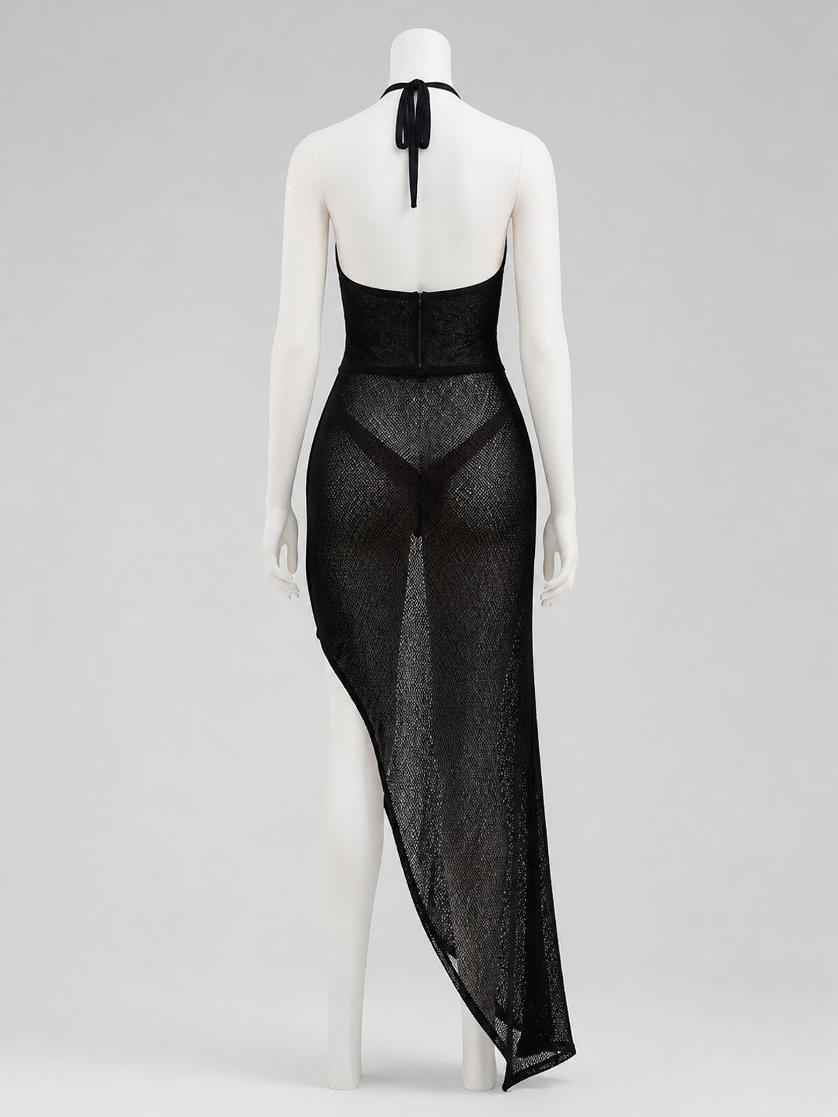 Stylish Black V-Neck Slip Dress with Asymmetric Hem, Sheer Overlay, High Slit