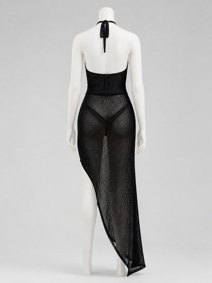 Stylish Black V-Neck Slip Dress with Asymmetric Hem, Sheer Overlay, High Slit