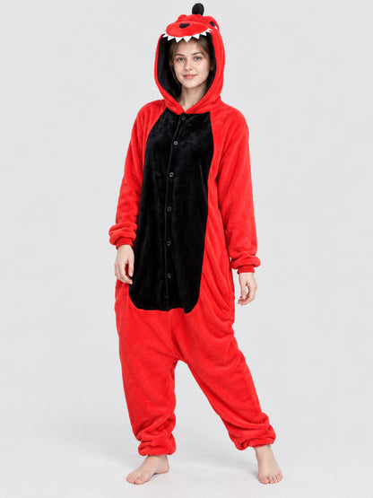 Red and black dragon onesie pajama with a voluminous hood