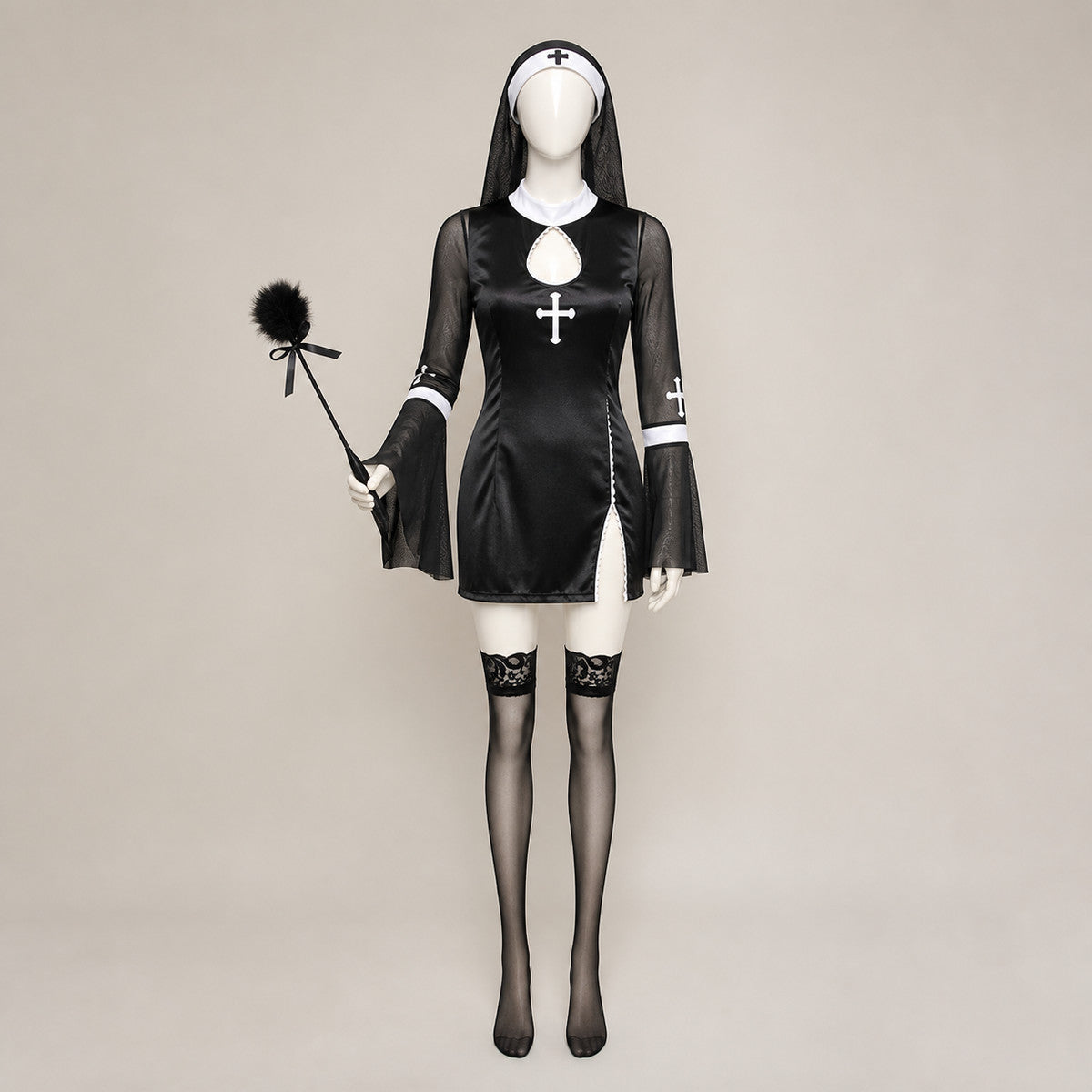 Black and White Nun Costume with Cross for Halloween Costumes detail