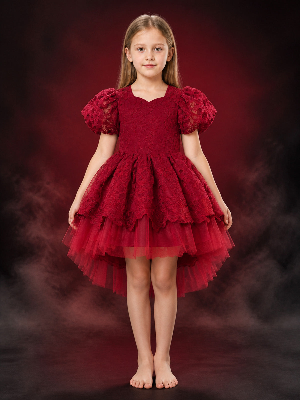 Toddler Girls' Burgundy Princess Dress With Puff Sleeves And Layered Tulle Skirt main product view