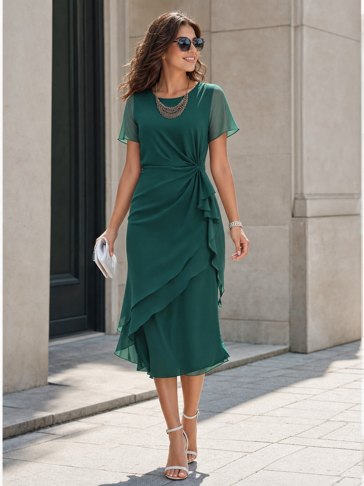 Green Dress with Short Sleeves and an Asymmetrical Ruffle Costume Dresses detail
