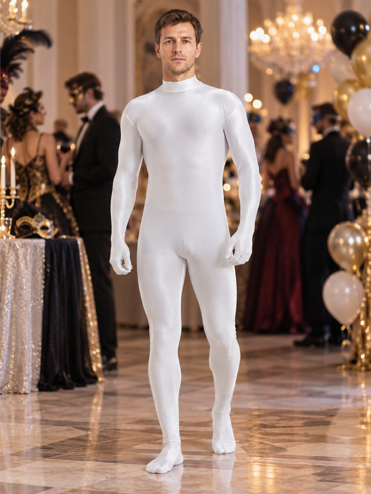 White one-piece form-fitting suit with a stand collar