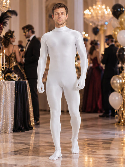 White one-piece form-fitting suit with a stand collar