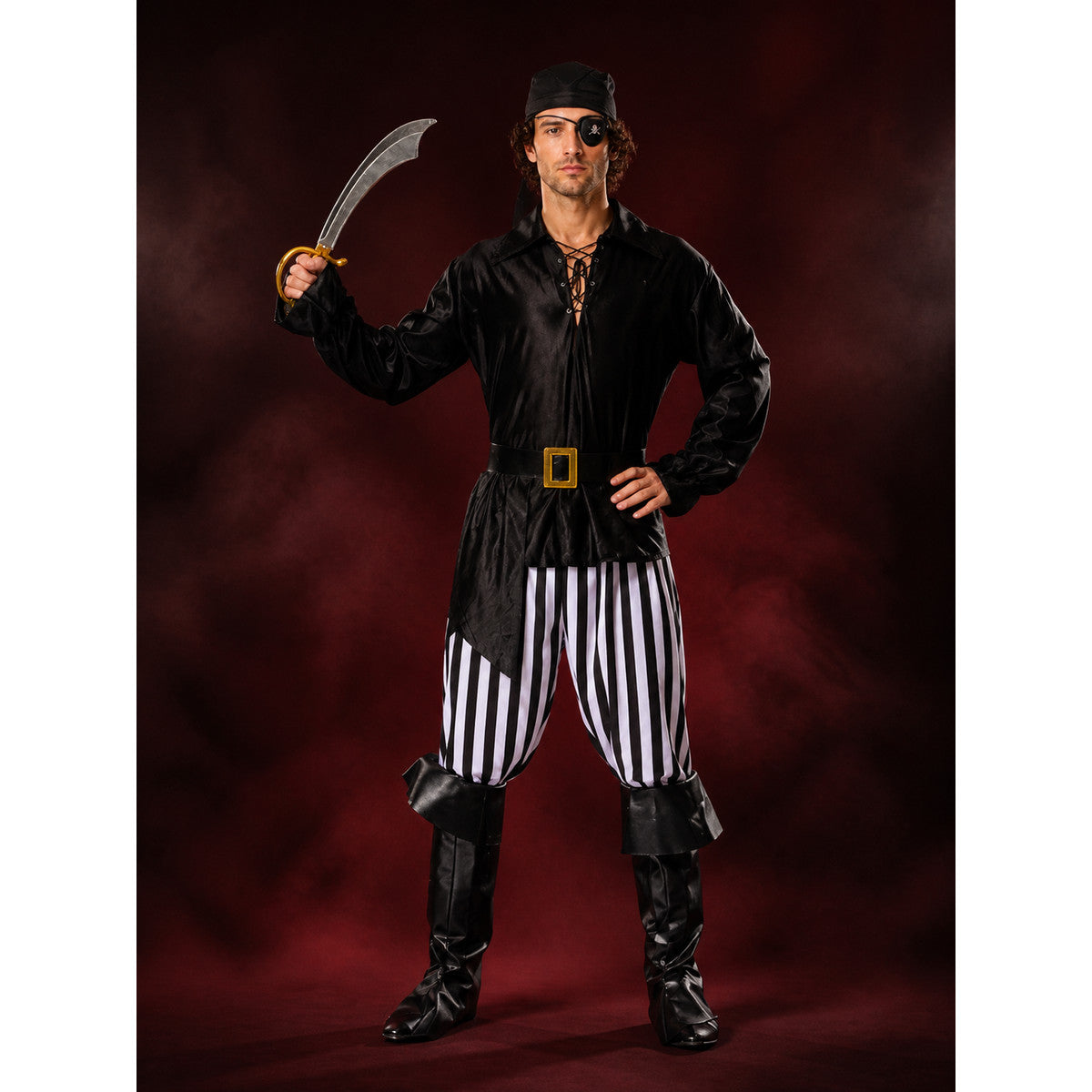 Men's Pirate Halloween Costume Set with Striped Pants and Boot Covers, Black main product view