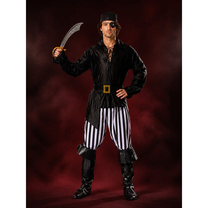 Men's Pirate Halloween Costume Set with Striped Pants and Boot Covers, Black main product view