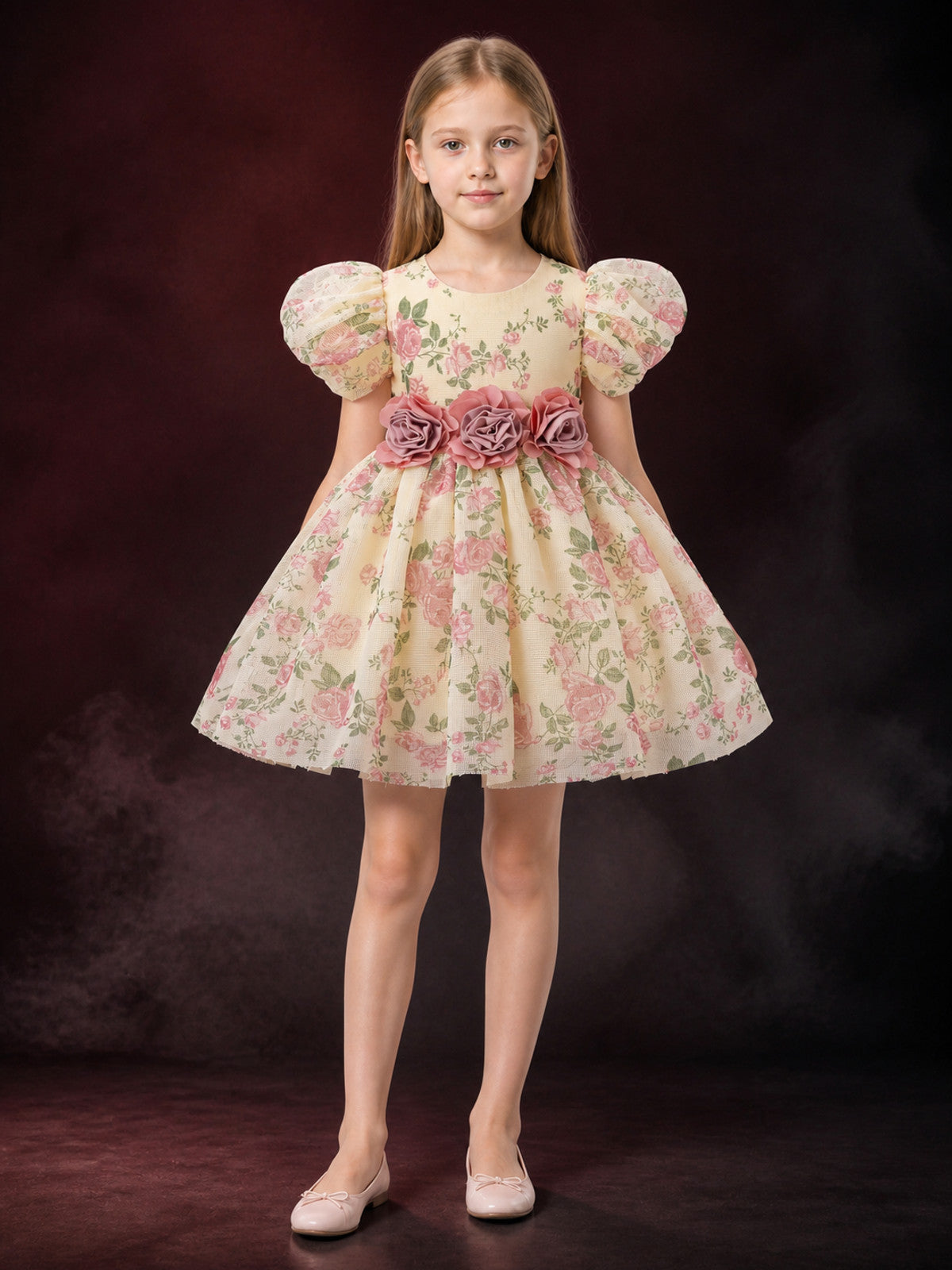 Baby Girls Floral Princess Dress, Puff Sleeves, 3D Flower Waist Detail main product view