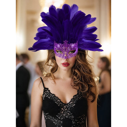 Purple feathered masquerade mask with an ornate filigree design, worn by a model in a styled indoor scene