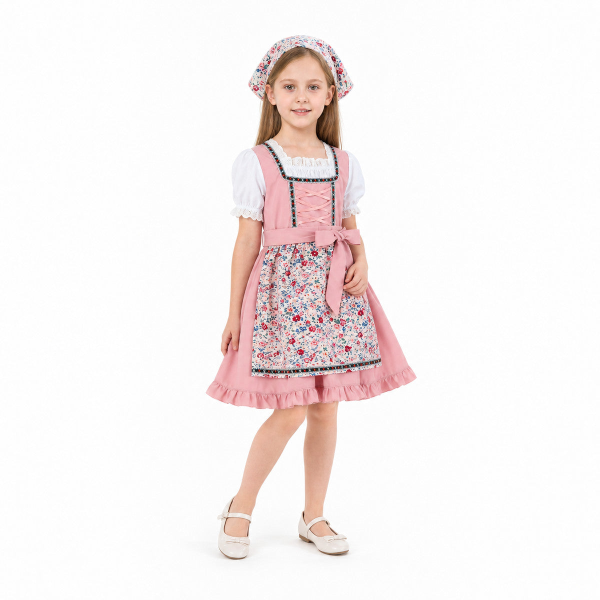 Children's dirndl-style dress with apron and headscarf