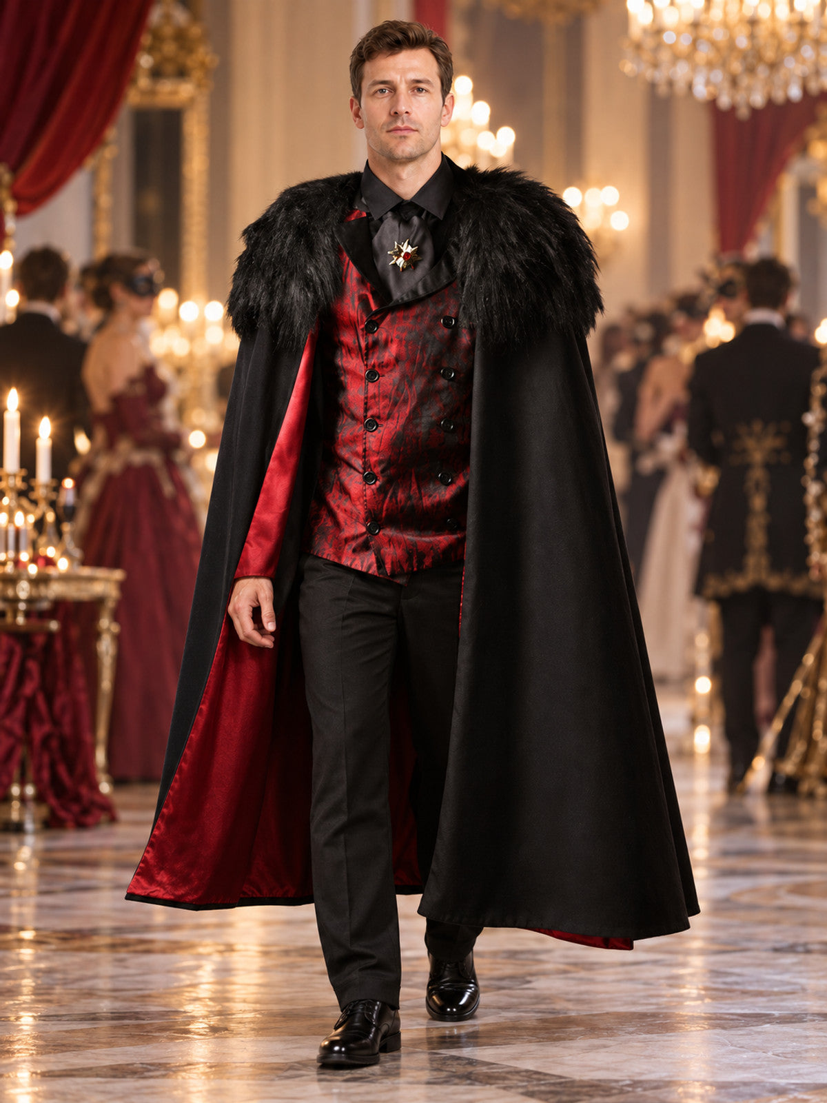 Vampire Costume: Cape with Fur Collar, Vest, Scarf