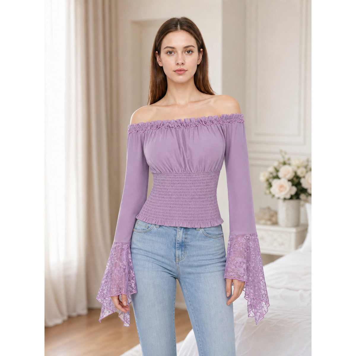 Off-the-Shoulder Top with Long Sleeves lifestyle view