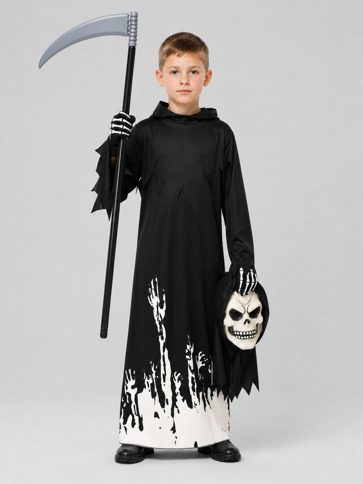 Gothic Grim Reaper Costume with Hood, Mask, and Scythe Costume Masks detail