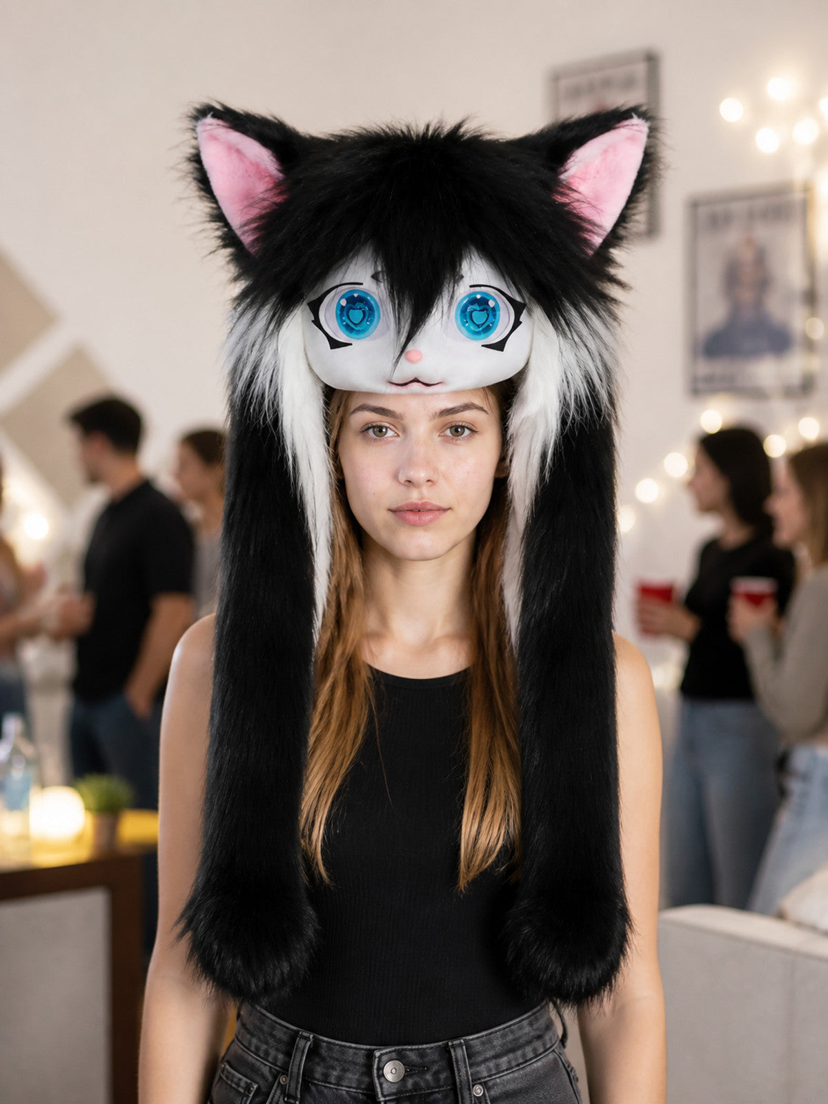 Black and White Cat Cosplay Mask for Halloween lifestyle view