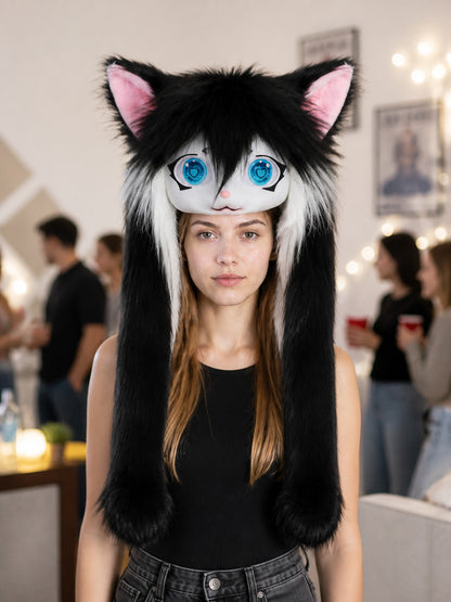 Black and White Cat Cosplay Mask for Halloween lifestyle view