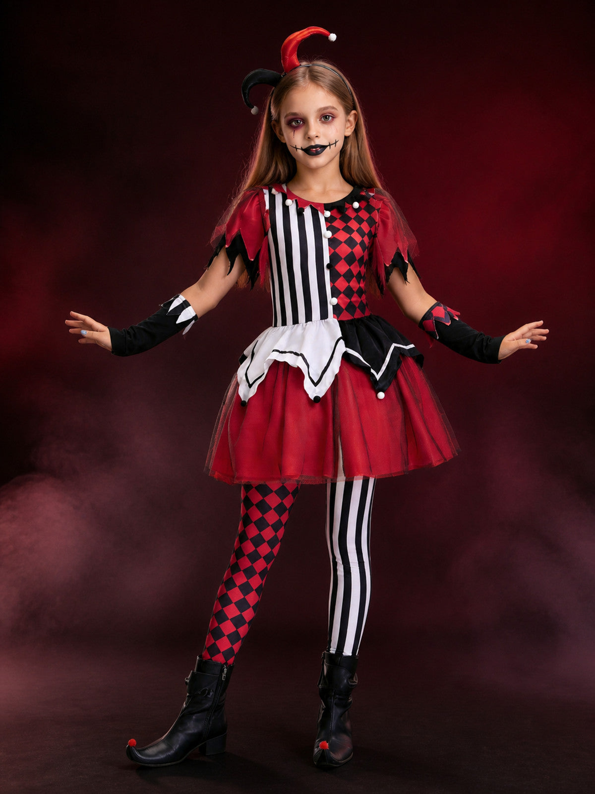 Kids Clown Costume Dress, Asymmetric Striped Tutu with Pom Pom Trim for main product view