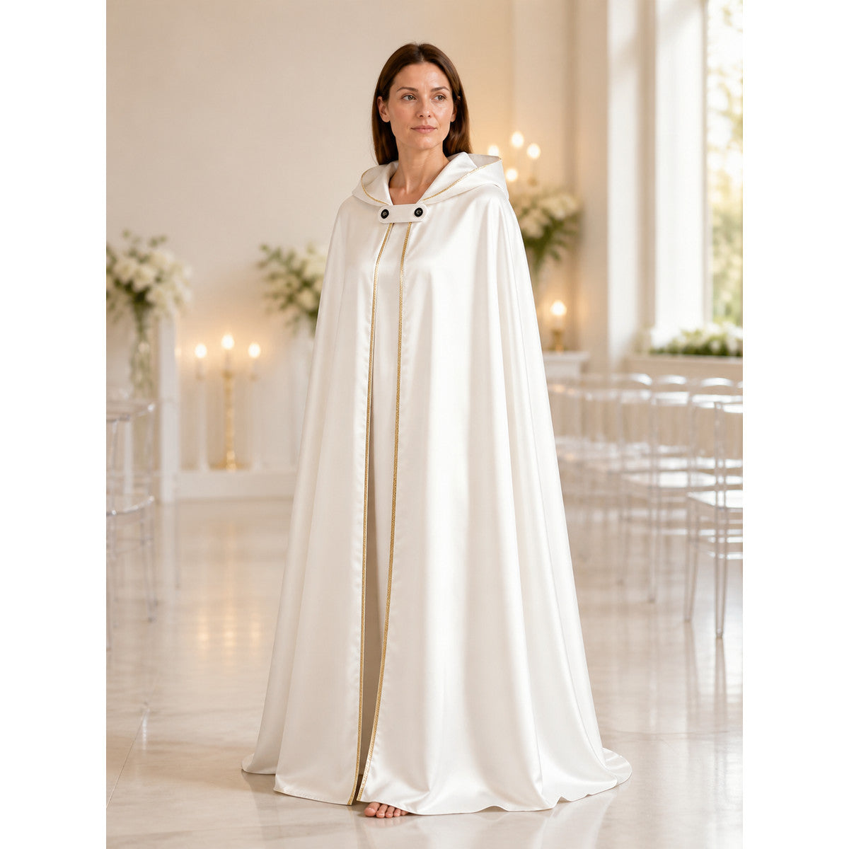 White Hooded Cape with Gold Trim for the Stage lifestyle view
