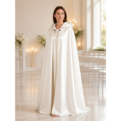 White Hooded Cape with Gold Trim for the Stage lifestyle view