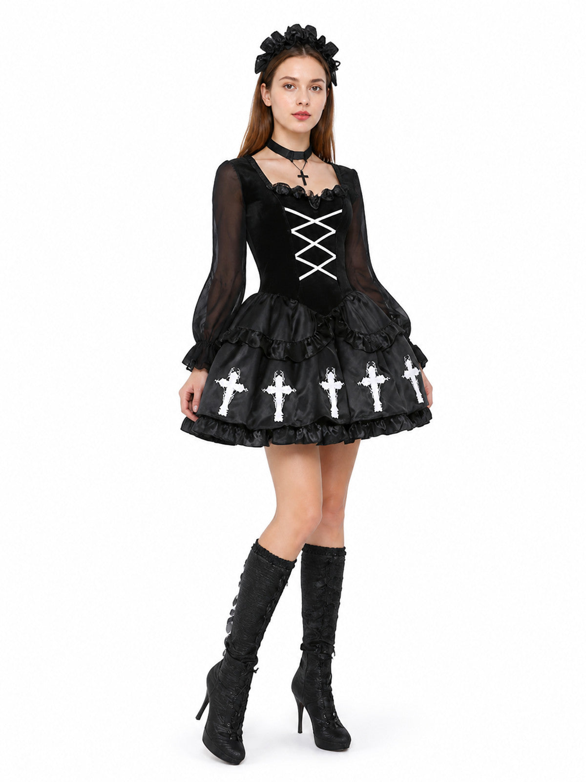 Gothic Dress with a White Cross and Layered Skirt Costume Dresses detail