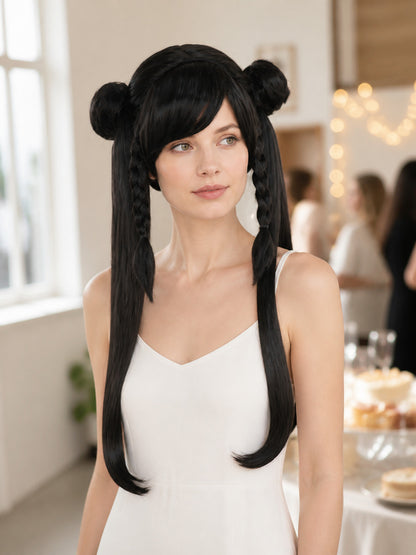 Black Cosplay Wig with Braids and Two Buns lifestyle view