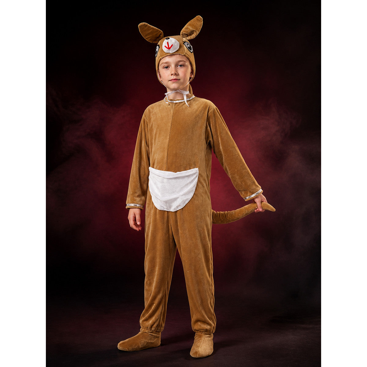 Kids Kangaroo Animal Onesie Costume, Brown and White with Hood, Tail, and Footed main product view