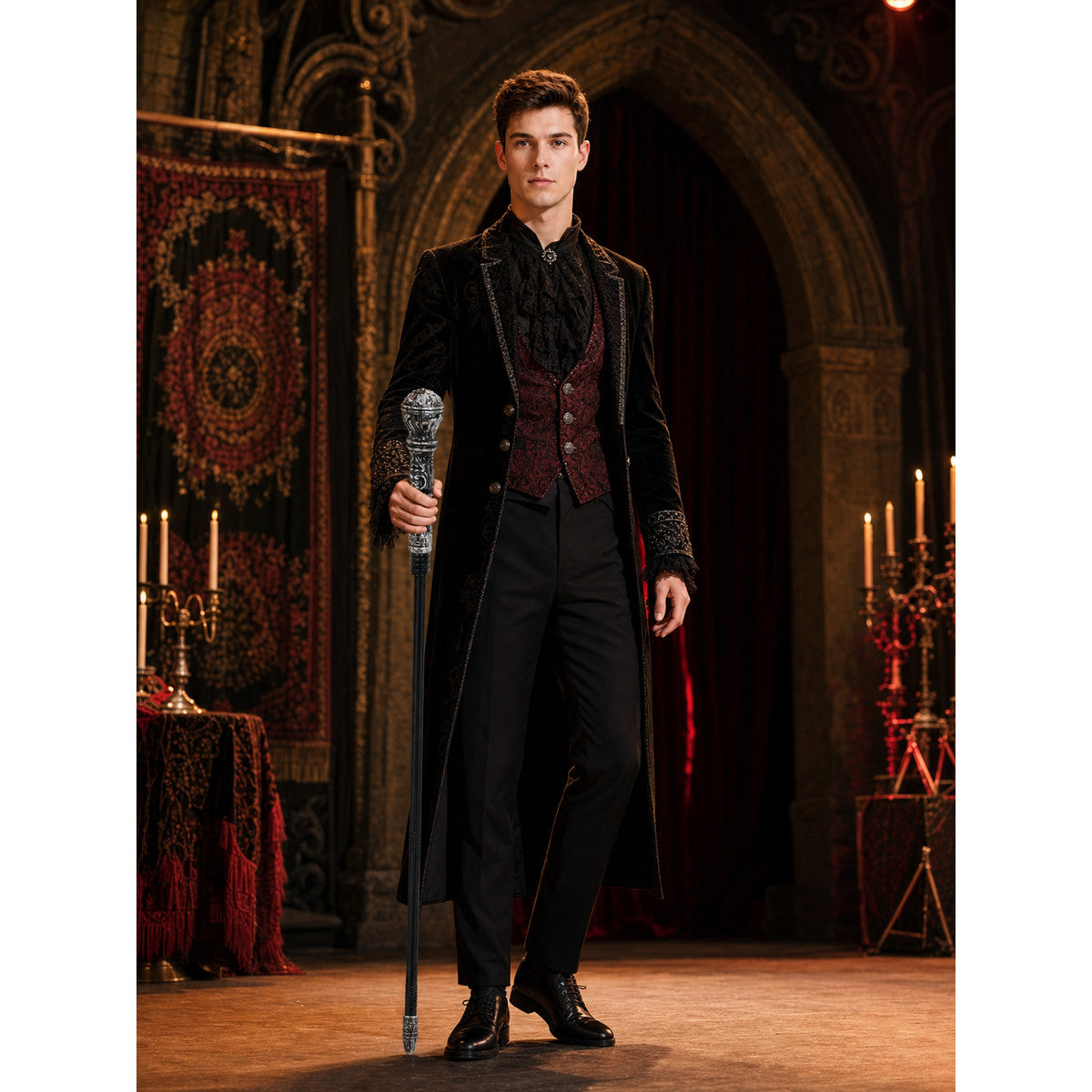 Black scepter cane with a silver ornamental handle held by a man in a gothic-style outfit, shown full-body indoors