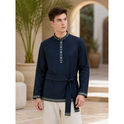 Tunic with a Belt and Embroidery, Dark Blue lifestyle