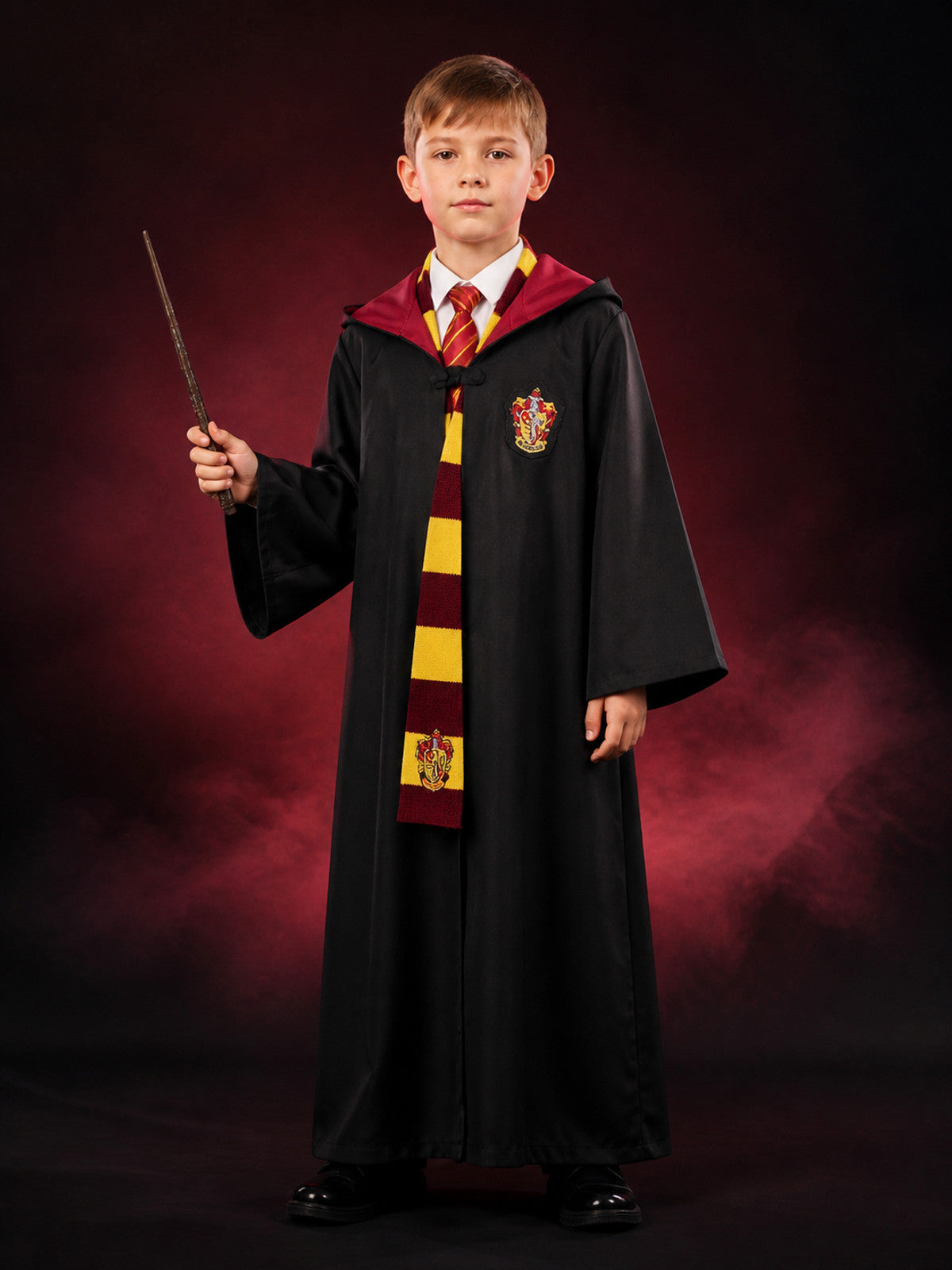 Gryffindor Wizard Costume Set, Hooded Robe With Scarf And Tie main product view