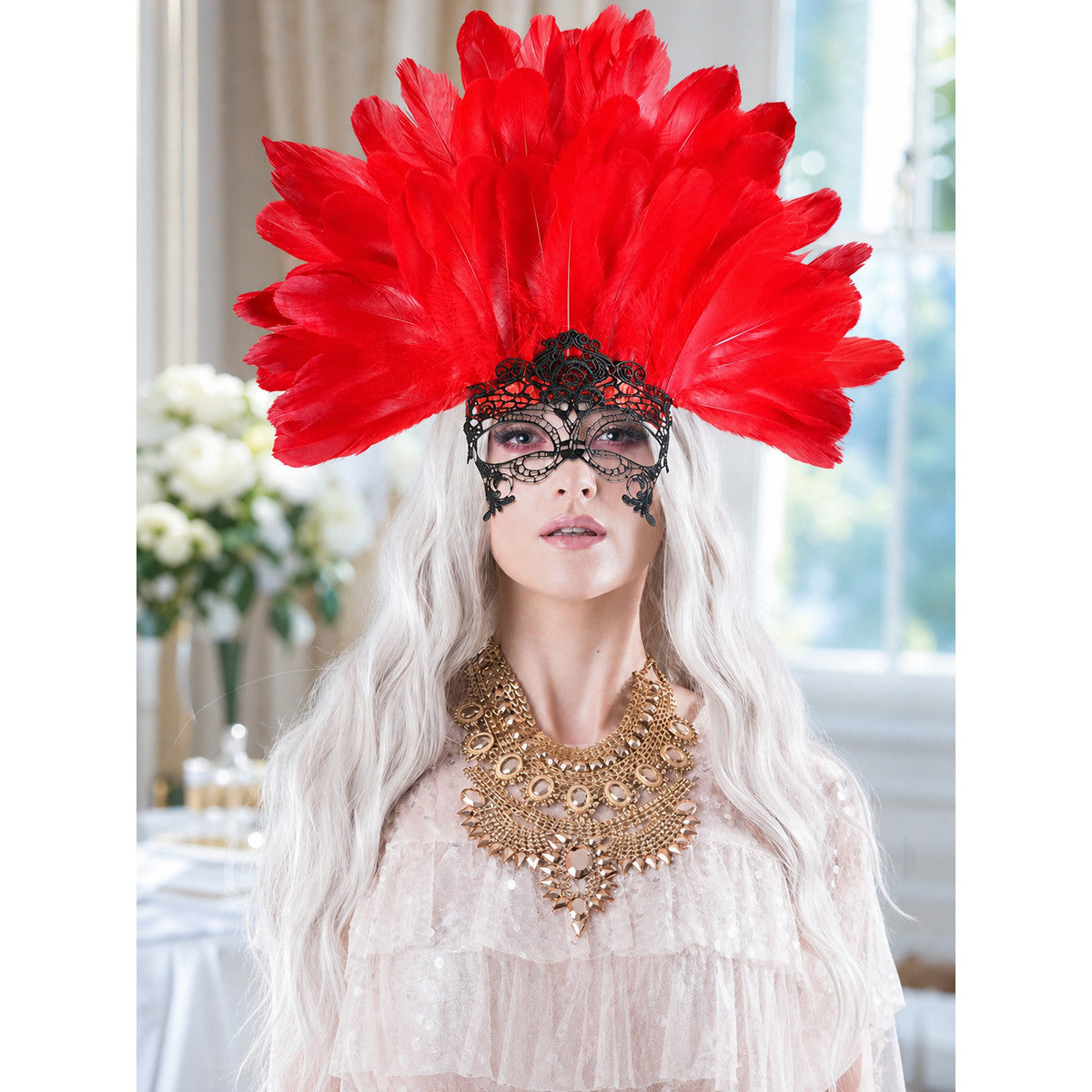 Red feather headpiece with black lace mask, shown on a model in a bright indoor setting with windows
