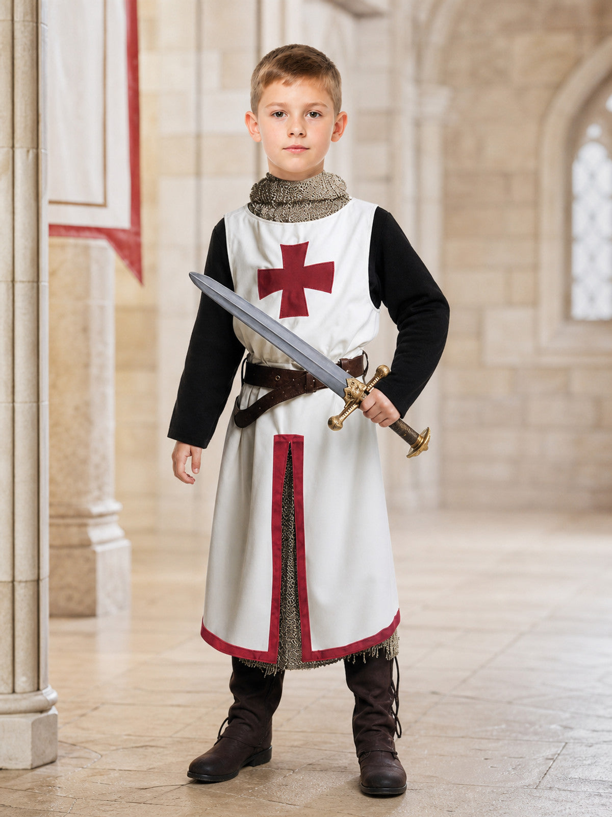 Full-body child model wearing a white tunic with red cross, chainmail-look collar, brown belt and boots while holding a sword in a stone hall