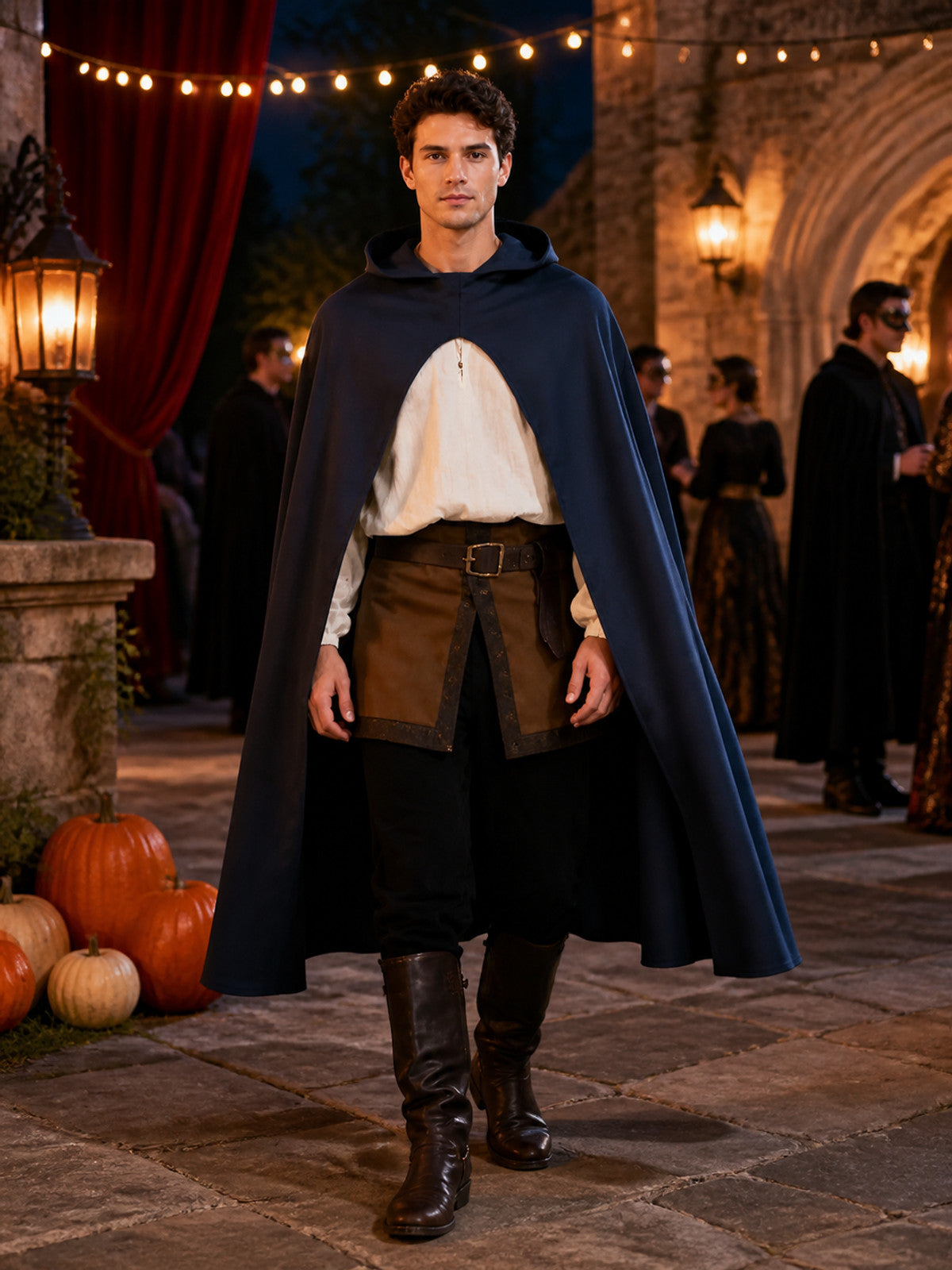 Halloween Costume Women Medieval Hooded Cape, Dark Blue Long with Front Clasp
