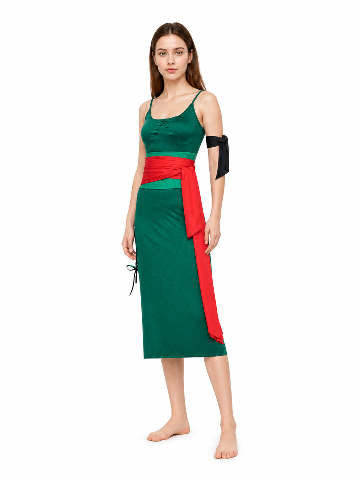 Green Sleeveless Anime Cosplay Dress with Red Belt