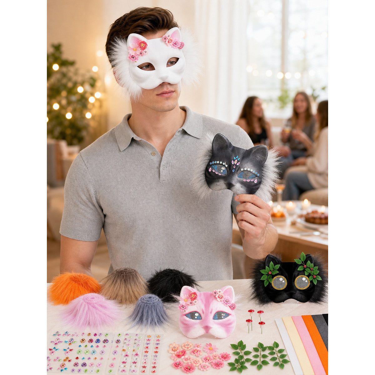 White Cat Carnival Mask for Halloween lifestyle view