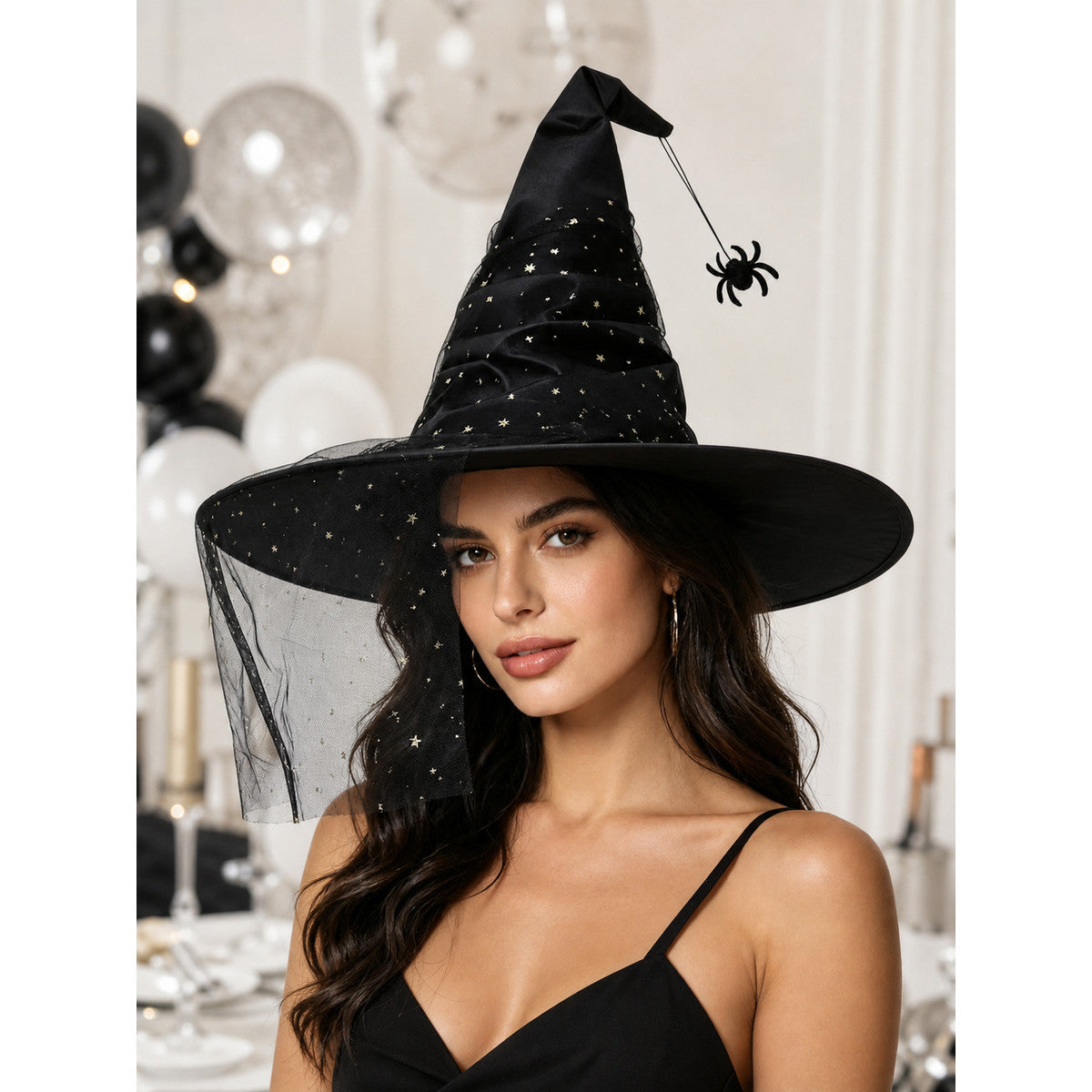 Carnival Witch Hat with Veil and Stars