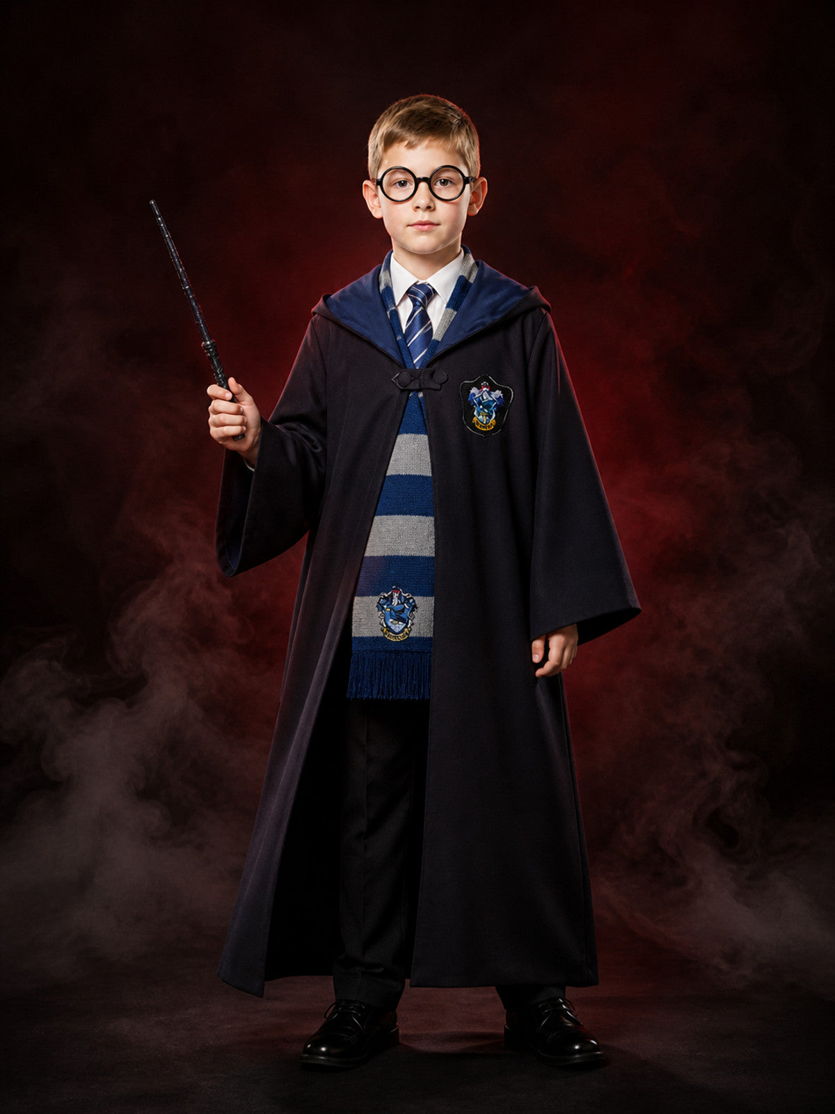 Children's Ravenclaw Wizard Robe Costume Set with Tie, Scarf, Glasses and Wand main product view