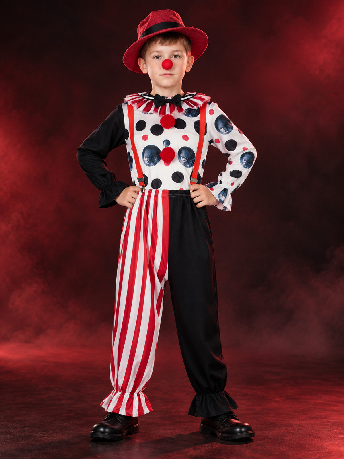 Clown Costume: Polka-Dot Shirt, Pants, Hat, Suspenders