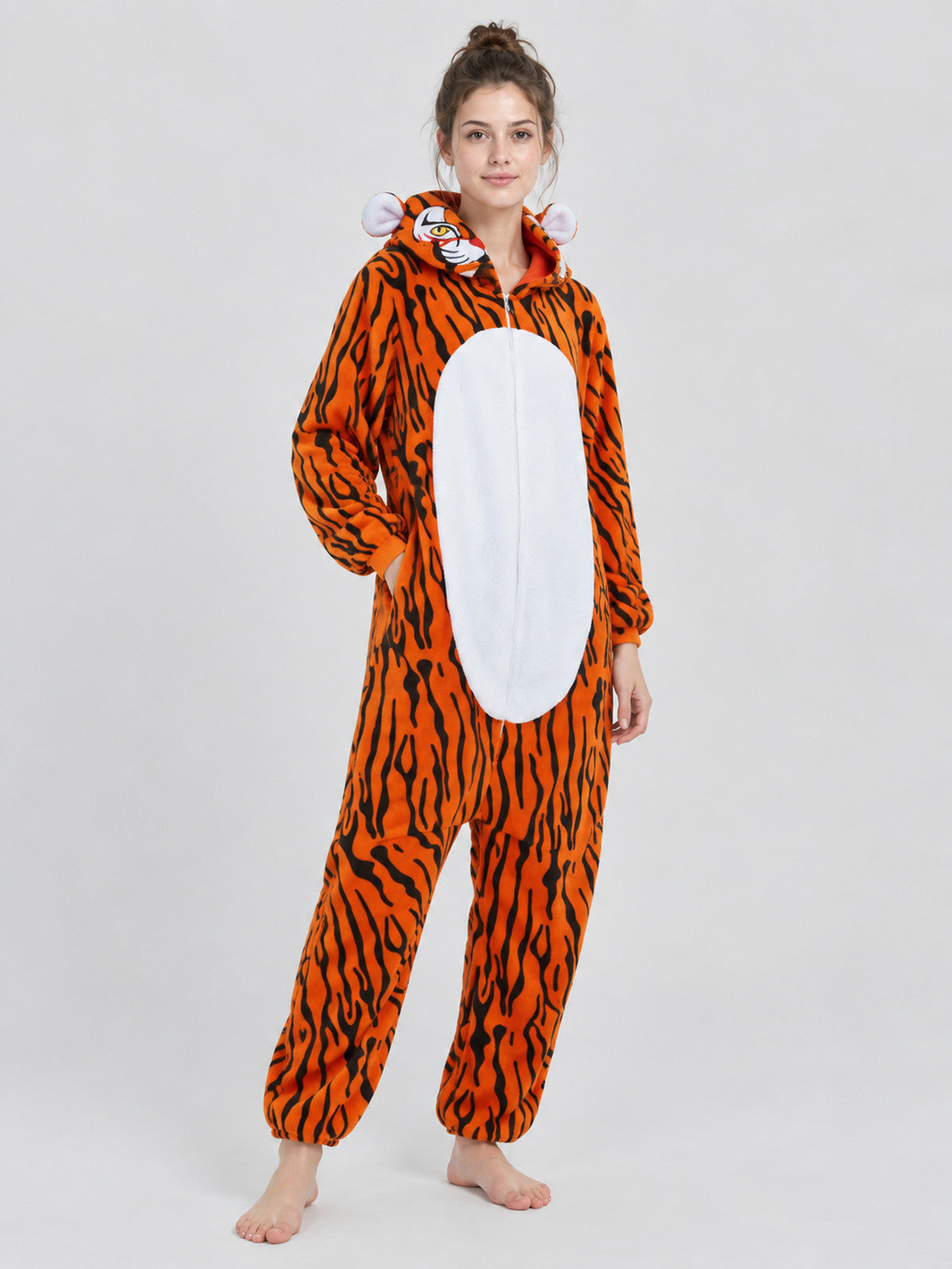 Fleece Hooded Tiger Print Pajama Jumpsuit