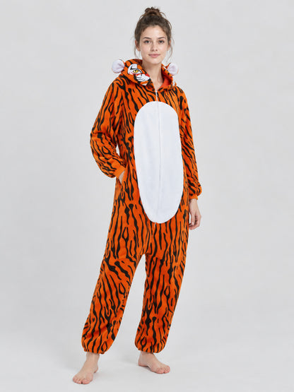 Fleece Hooded Tiger Print Pajama Jumpsuit