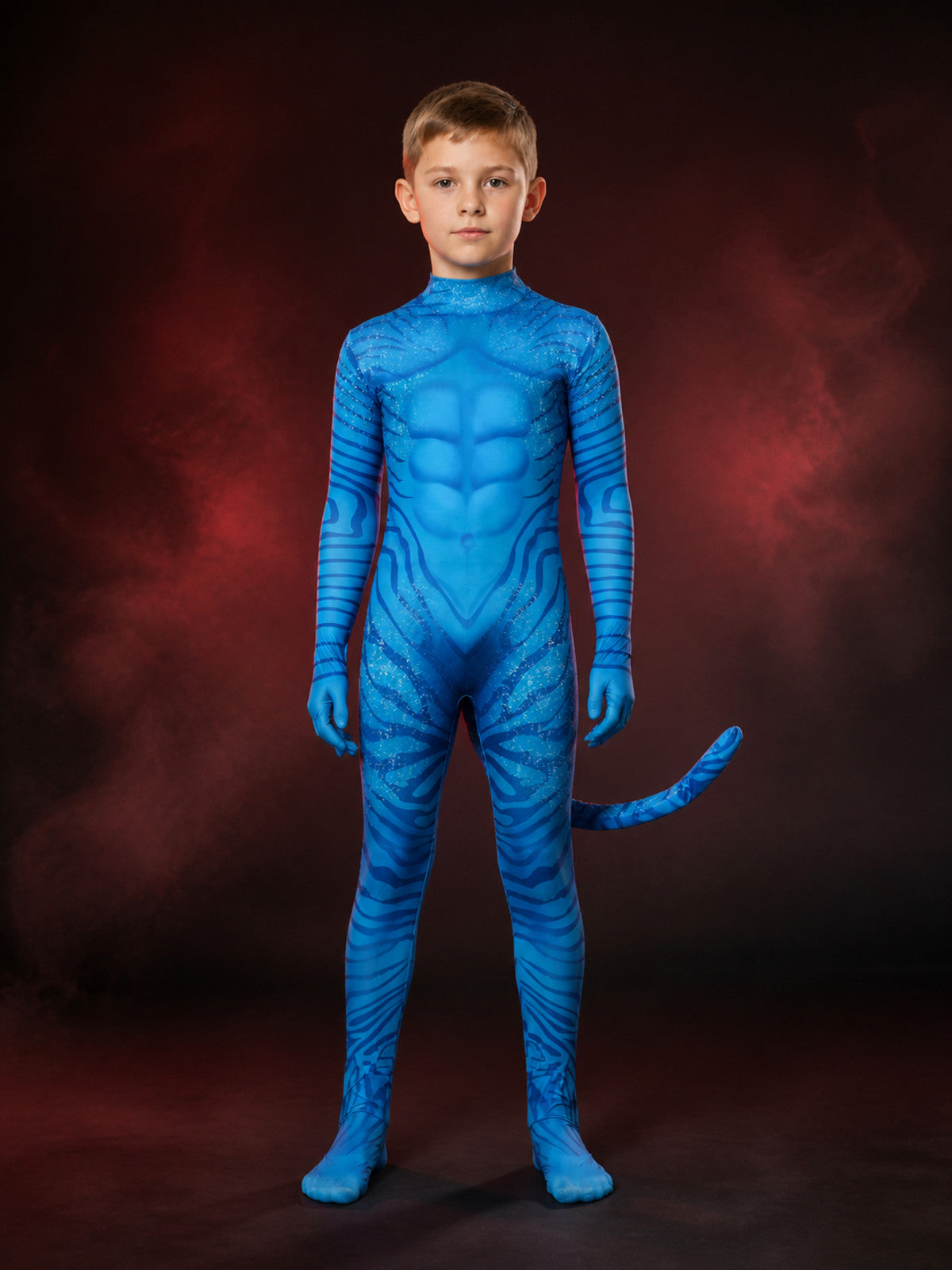 Kids Avatar 3 Bodysuit Costume, Blue Muscle Print with Tail, Halloween Outfit main product view