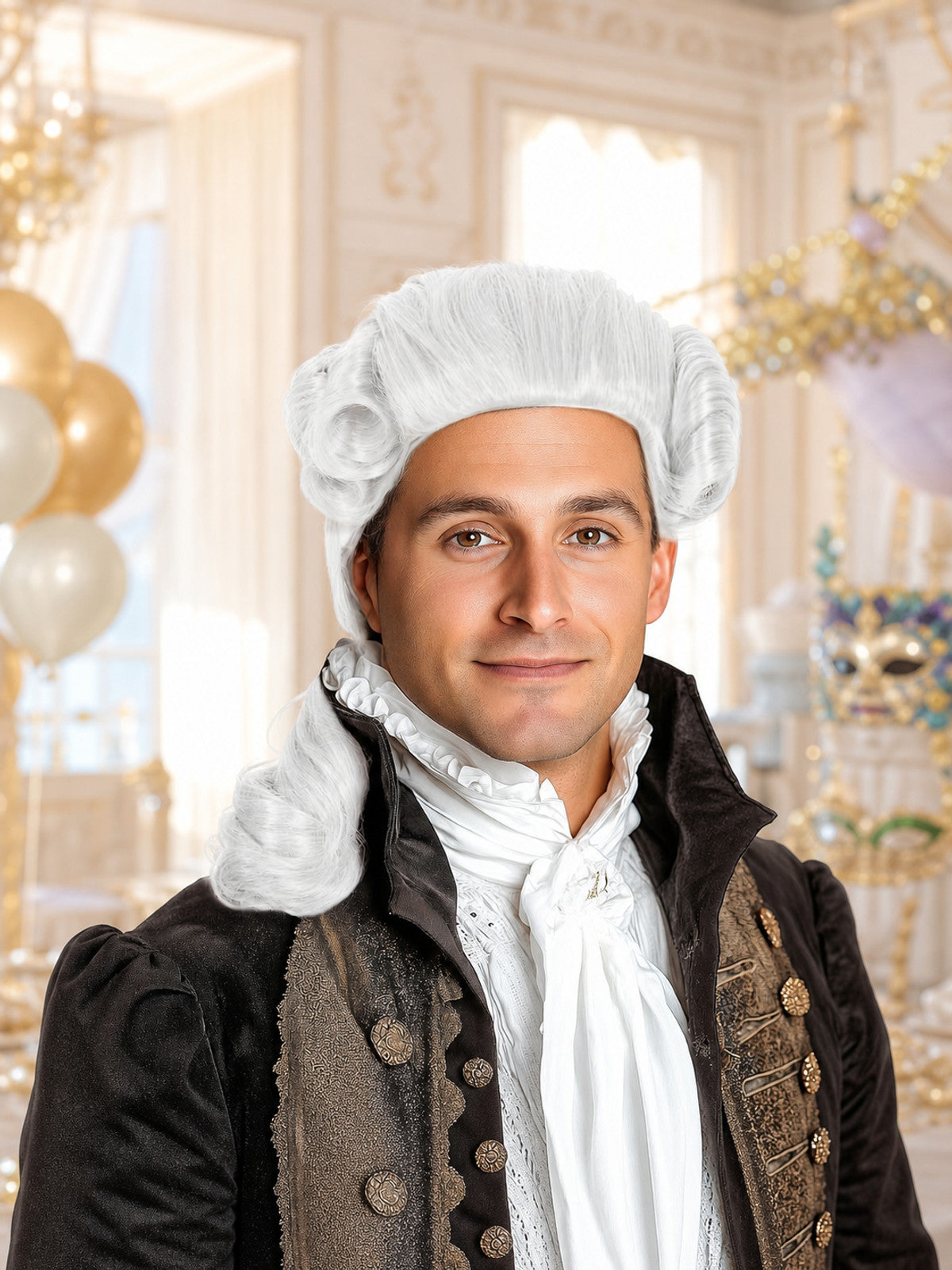 White curled costume wig worn with a black historical-style coat and white cravat in a decorated indoor setting