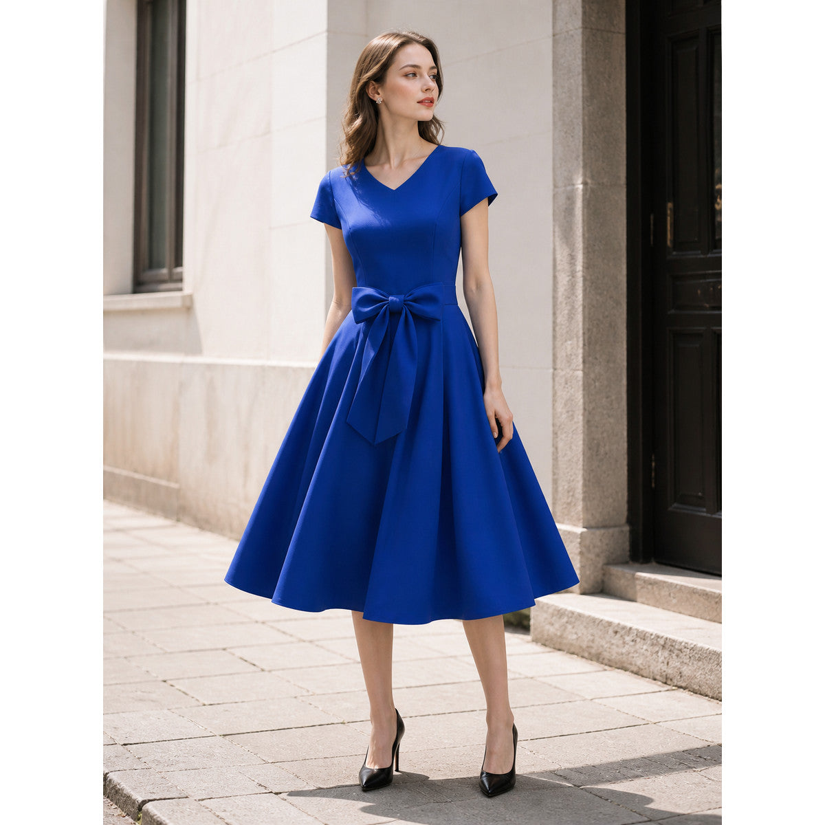 Blue Dress with V-Neck, Bow, and Full Skirt