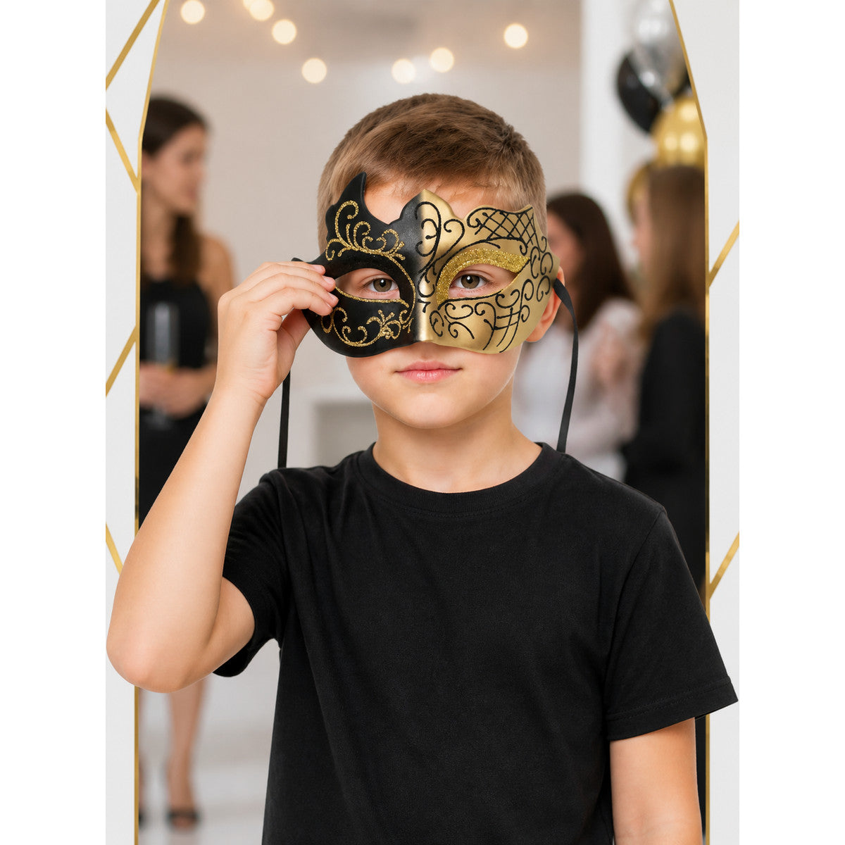 Black and Gold Carnival Mask for Halloween and Cosplay lifestyle view