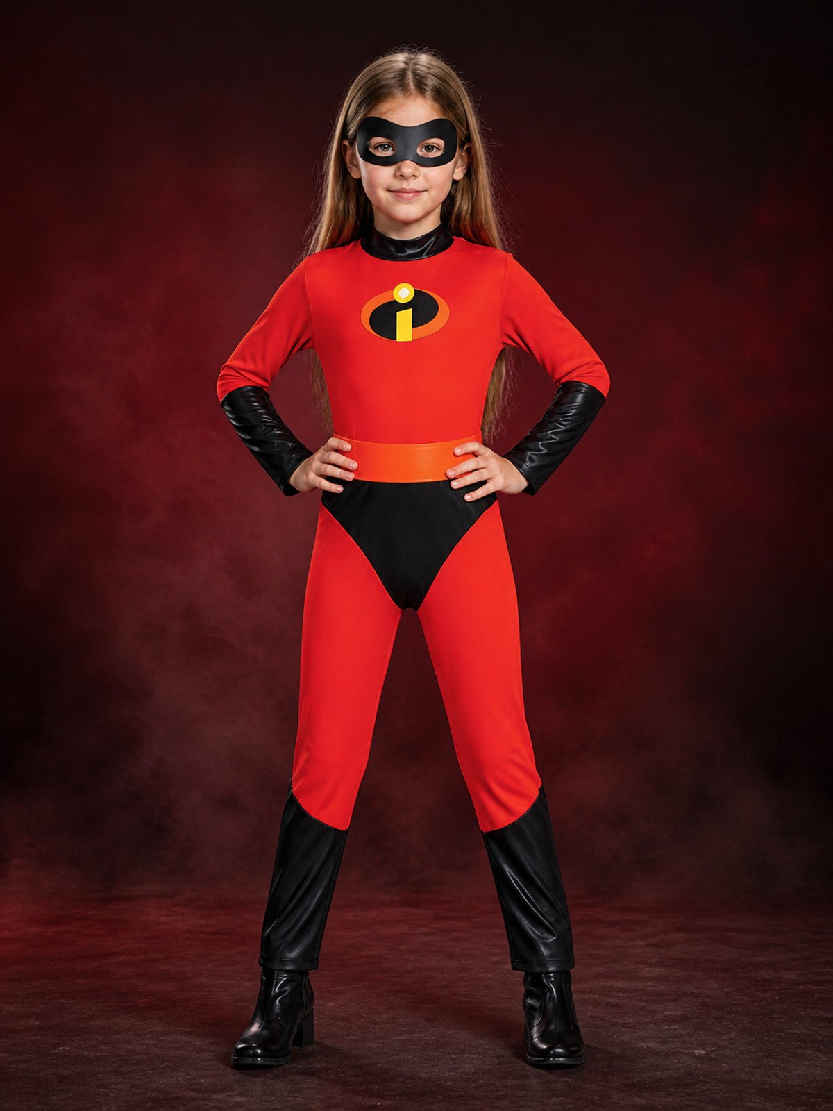 Kids Superhero Bodysuit Costume, Red Jumpsuit with Black Eye Mask, Chest Emblem main product view
