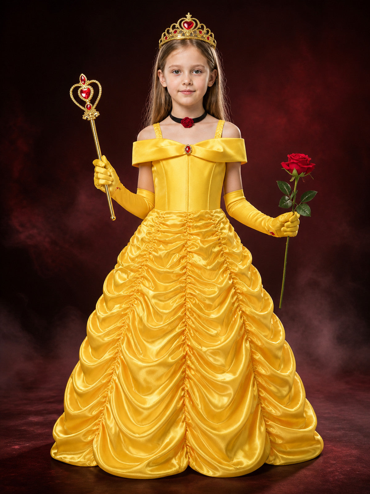 Kids Belle Princess Costume Dress Set With Crown, Gloves, Wand and Rose main product view